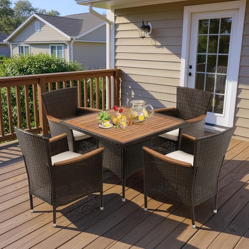 Wisteria Lane brown 5-piece rattan patio dining set with acacia wood tabletop